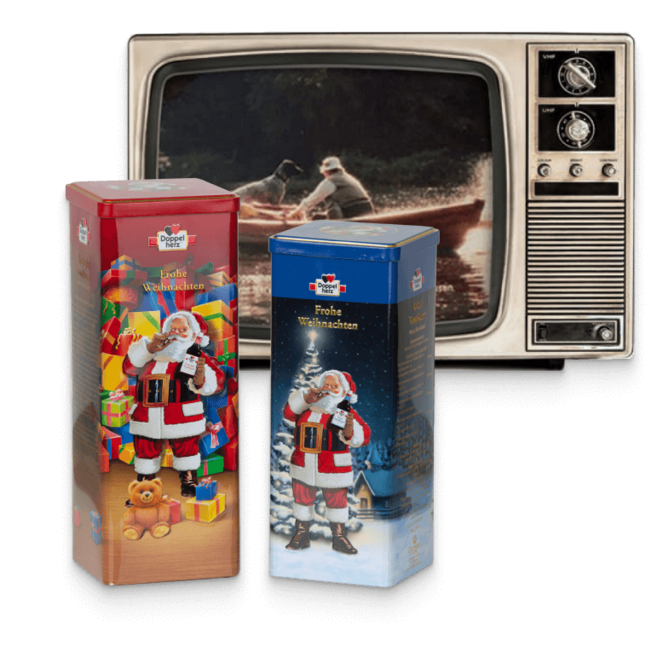 The image features two festive gift boxes prominently displaying Santa Claus, one with a Christmas scene and the other with holiday gifts. In the background, an old television shows a serene outdoor scene with two people in a boat. The overall theme conveys a warm holiday spirit.
