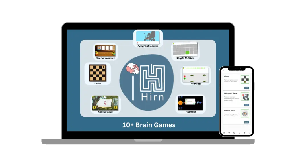 An illustration featuring a laptop and a smartphone displaying various brain games. The laptop screen shows the logo "Hirn" at the center, surrounded by icons for games like chess, geography puzzles, and animal games. The smartphone displays additional game options.