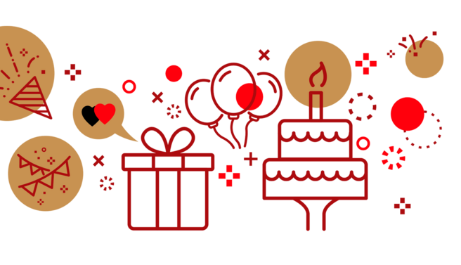 A festive illustration featuring a birthday cake with a candle, a wrapped present, and a cotton candy icon, surrounded by celebratory elements like party hats and confetti. The image conveys a joyful celebration atmosphere.