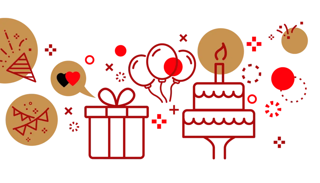 صورة تتضمن كعكة عيد ميلاد تحمل شمعة، هدية مزينة، وأشكال احتفالية أخرى مثل ألعاب نارية وحلويات. تعكس الأجواء الاحتفالية والسعادة المرتبطة بالمناسبات.