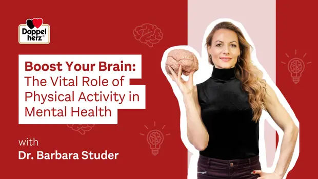 امرأة تحمل دماغًا بشريًا في يدها، ترتدي ملابس سوداء وتقف على خلفية باللونين الأحمر والأبيض. يحتوي النص على عنوان "تعزيز عقلك: الدور الحيوي للنشاط البدني في الصحة النفسية" مع ذكر اسم الدكتورة باربرا ستودر.