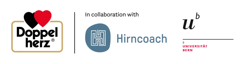 Logos of three organizations are displayed: "Doppelherz," featuring a heart design, "Hirncoach," represented by an abstract symbol, and a logo associated with the University of Bern, which includes stylized letters and branding.
