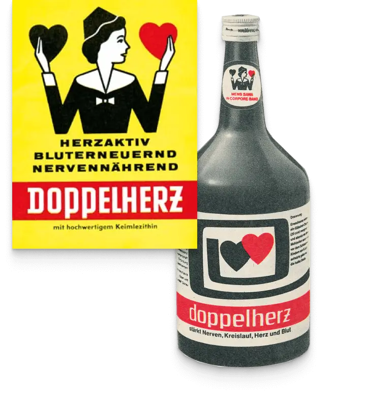 The image features two items related to "Doppelherz." The top part shows a vintage advertisement with a woman holding two red hearts, along with the text promoting the product's benefits. The bottom part displays a bottle labeled "doppelherz," indicating it supports health and vitality.