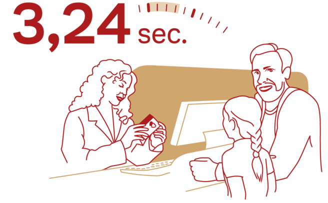 An illustration showing a woman in professional attire interacting with a man and a child at a counter. Above them, the text "3,24 sec." is prominently displayed, suggesting a quick service experience.