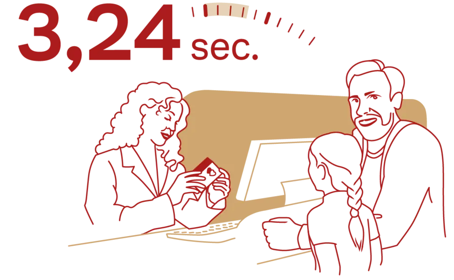 An illustration showing a woman in professional attire interacting with a man and a child at a counter. Above them, the text "3,24 sec." is prominently displayed, suggesting a quick service experience.