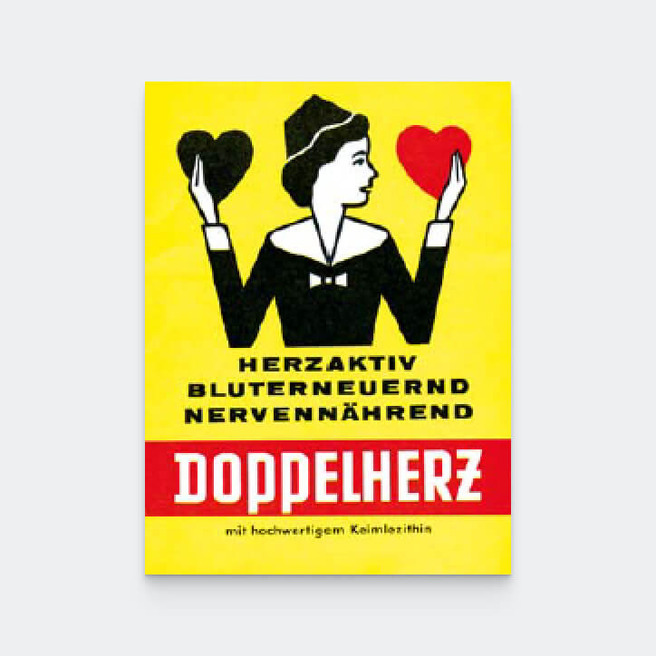 A vintage advertisement featuring a woman holding a red heart in each hand. The background is yellow, and the text prominently features the word "Doppelherz" in bold red letters, along with phrases suggesting health benefits related to the heart and nerves.