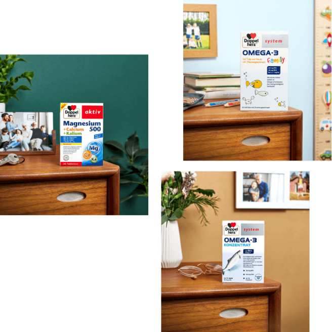 The image features two boxes of dietary supplements. The top left shows "Magnesium 500" with its packaging design. The bottom right displays "Omega-3" in two variants: "Family" and "Concentrate." Both products are placed on polished wooden surfaces with various backgrounds.