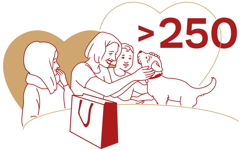 An illustration featuring two women and a child interacting with a dog, showing affection. There is a bag on a table and a heart shape in the background, accompanied by the text ">250".